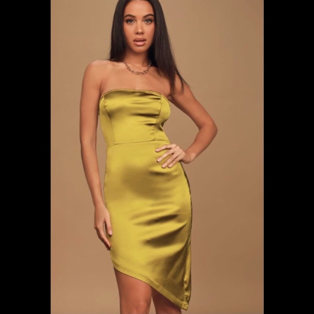 New Lulu’s Satin Chartreuse Asymmetrical Bodycon Midi Dress